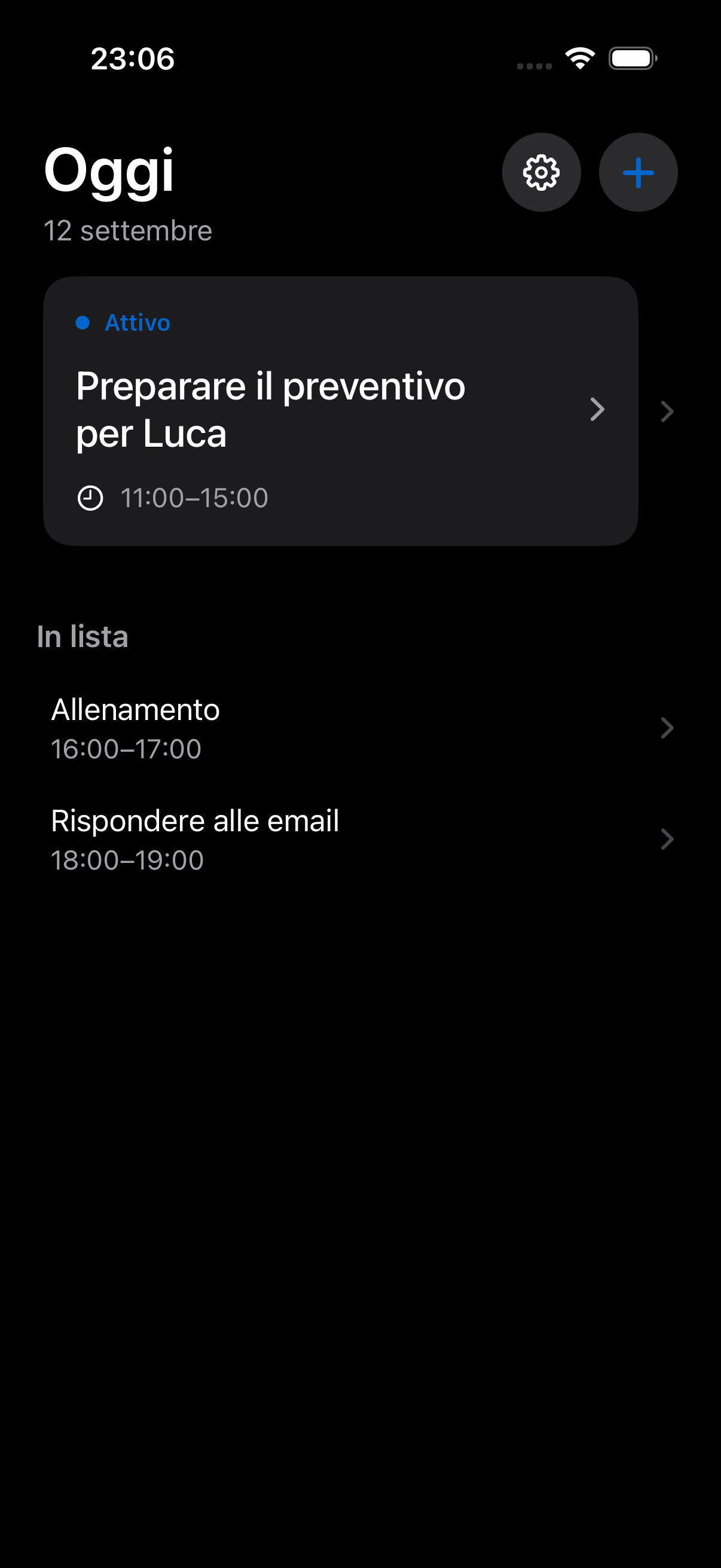 Agenda giornaliera di Fatto con una task attiva e le prossime attività