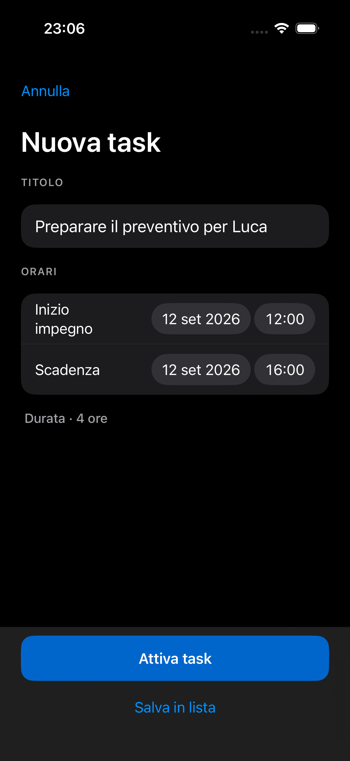 Creazione di una nuova task in Fatto