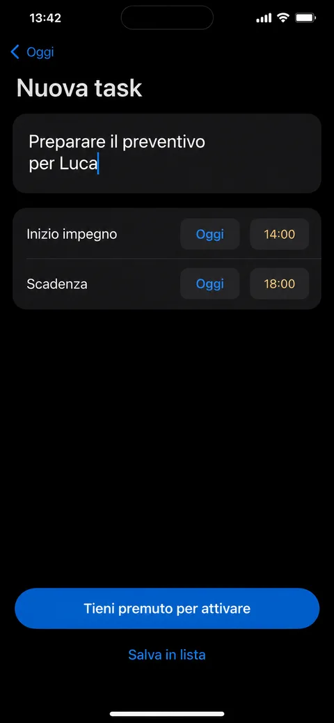 Creazione di una nuova task in Fatto